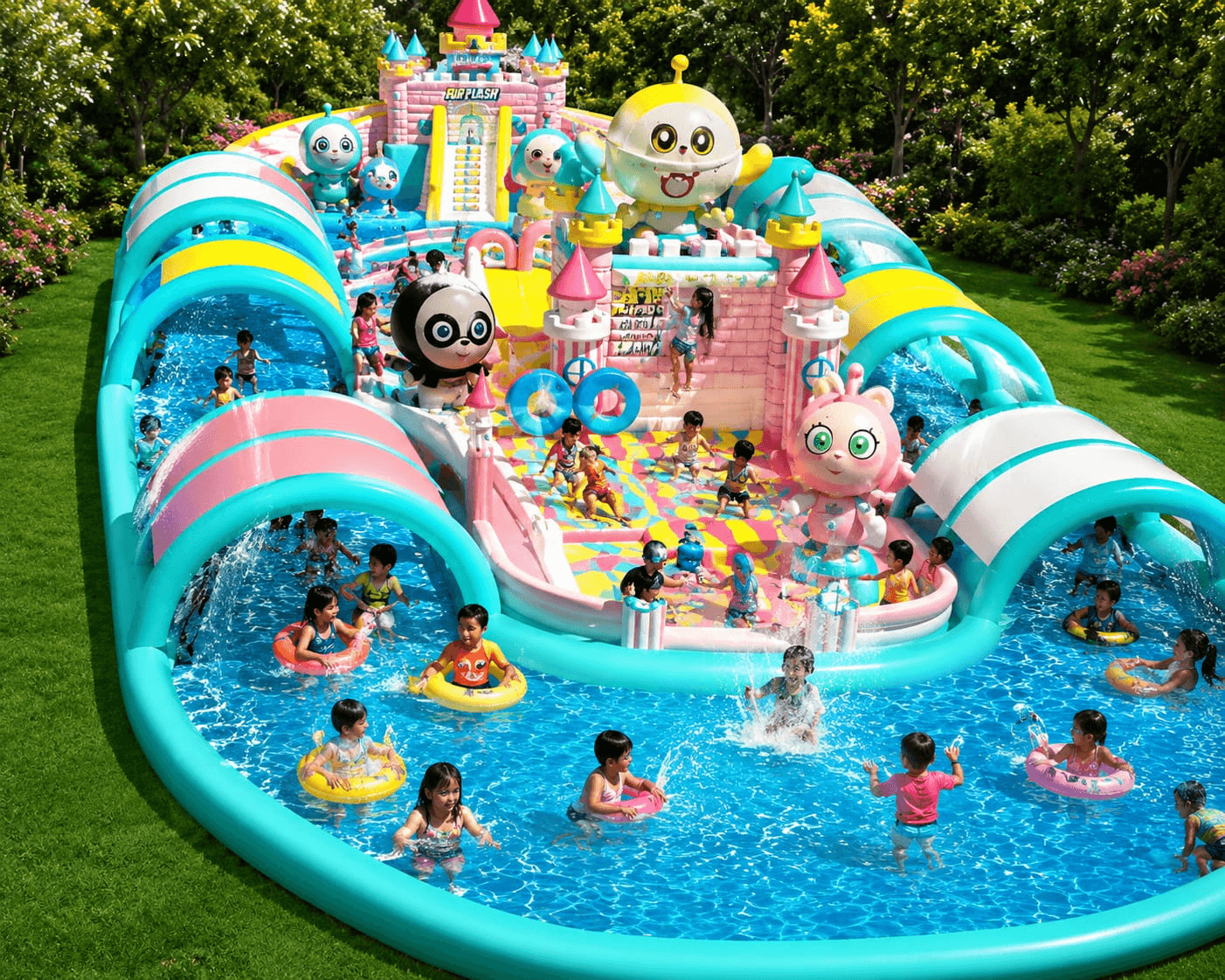 Kids splash zone with inflatable slides at Aquatown family water park