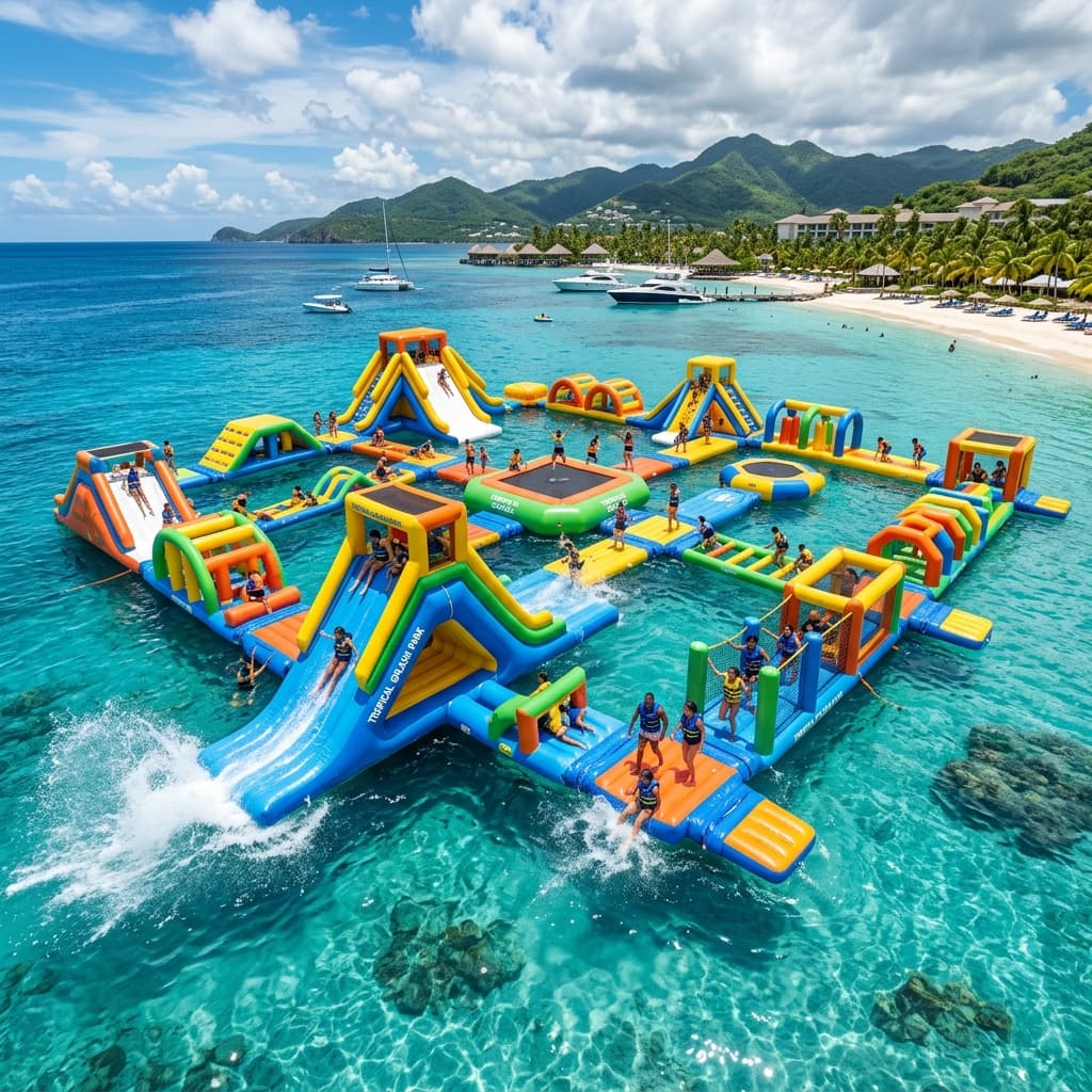 Adult inflatable water obstacle course at Aquatown water adventure park Gujarat