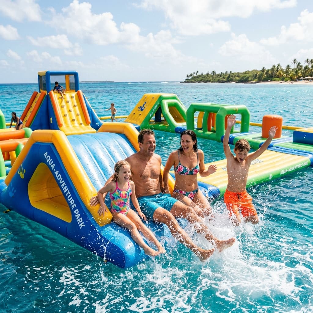 Rain dance area with music and lights at Aquatown inflatable water park
